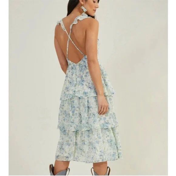 Altar'd State Pale Blue Floral Tiered Ruffle Midi Dress - Picture 2 of 6
